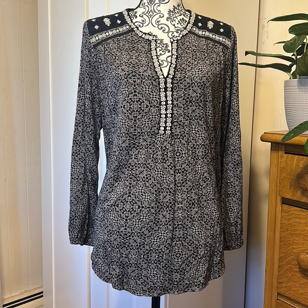 Lucky Brand Black & White Boho Top Size 1X